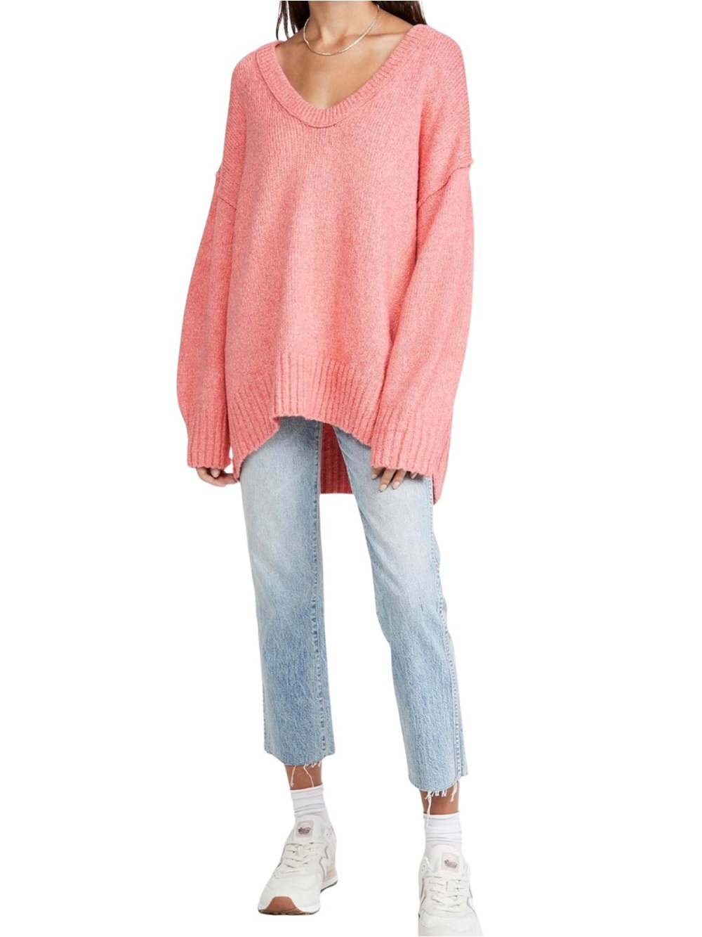Free People Brookside Tunic Sweater XS Coral Pink Oversized V-Neck